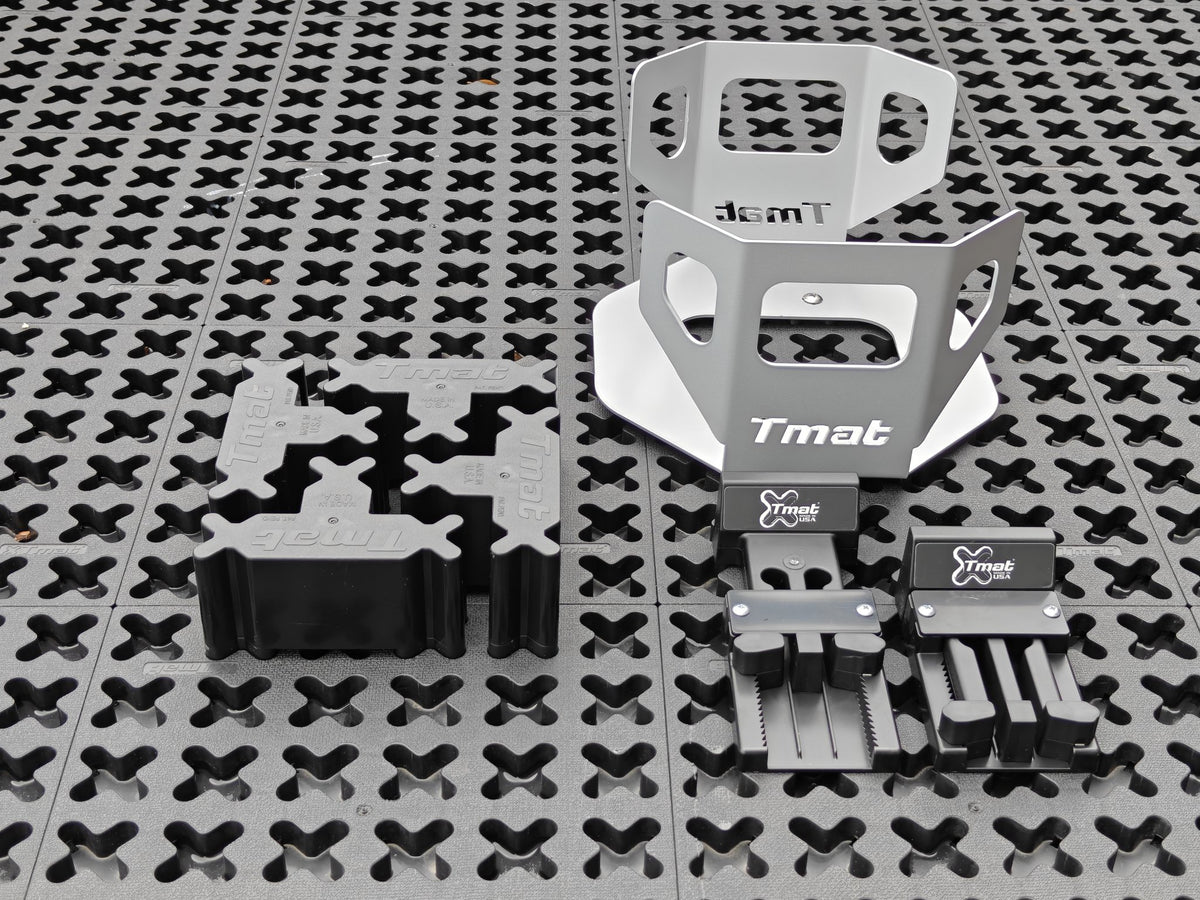 TMAT Colour Kit Silver Black – silver-grey 20 L bucket holder, 4 black tight-fit Stout blockers and 2 adjustable blockers on a Tmat panel